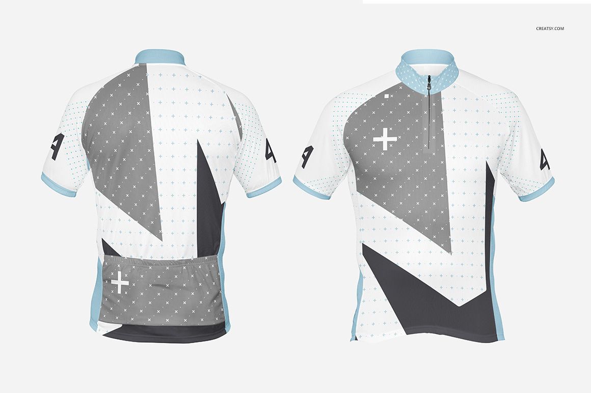 Front and back view of a bike jersey mockup with geometric gray and white patterns, light blue accents, and short sleeves.