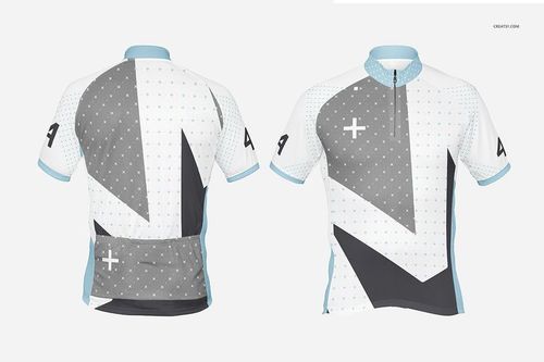 Front and back view of a bike jersey mockup with geometric gray and white patterns, light blue accents, and short sleeves.
