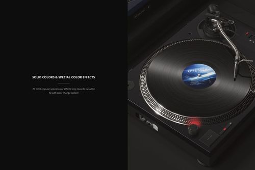 Abstract music scene featuring a detailed turntable and vinyl record, designed for PSD mockup presentations.
