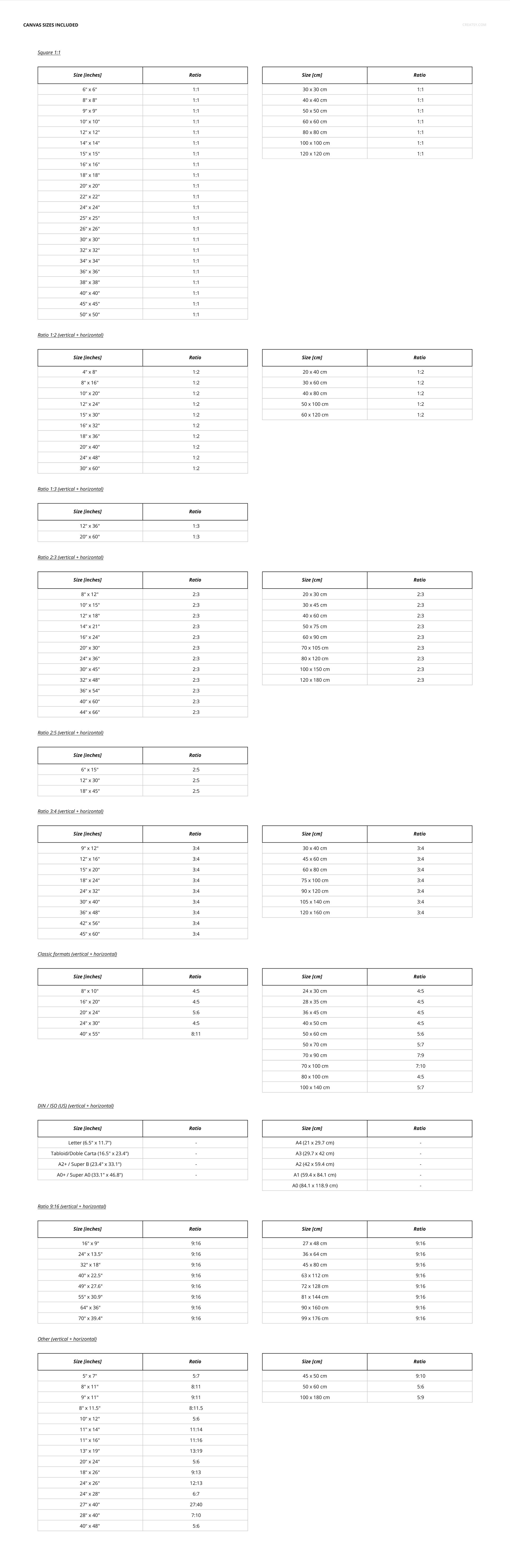 PSD mockup featuring organized canvas print size tables in centimeters and inches for various shapes and formats.
