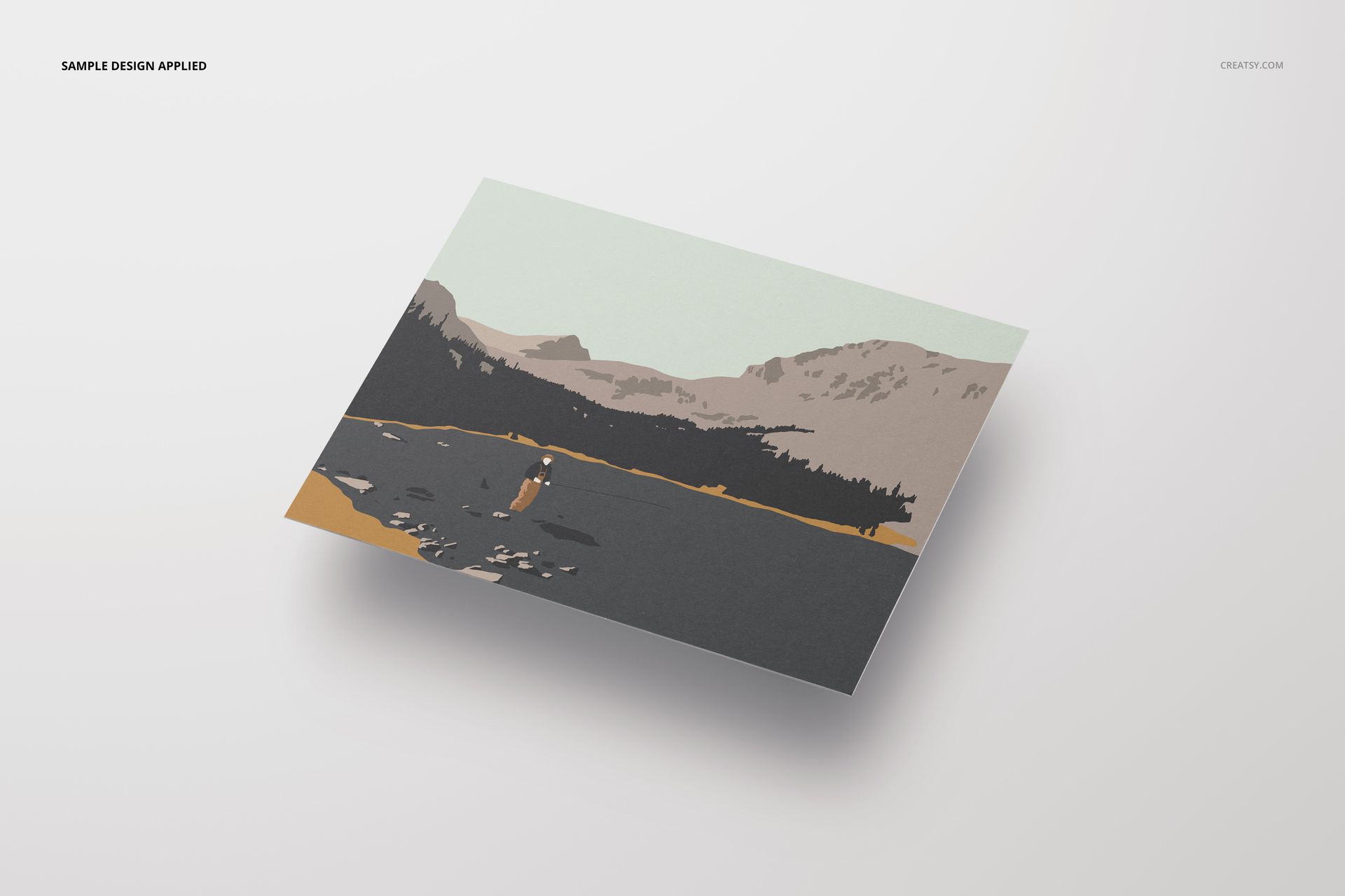A2 card mockup featuring a landscape illustration with muted earth tones, displayed at an angled front view on a light background.