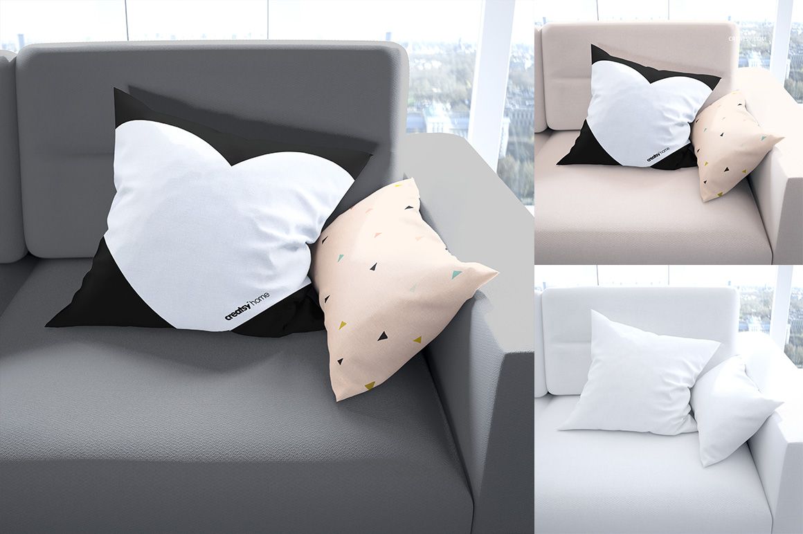 Pillow mockup set with varied designs, including black and white geometric and pastel triangle patterns on couches.