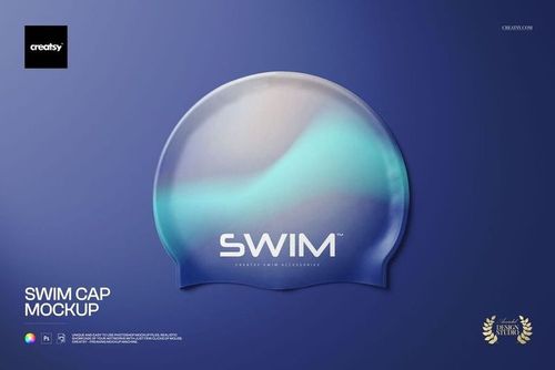 Front view of a swim cap mockup with a smooth, rounded shape and gradient blue colors on a solid background.