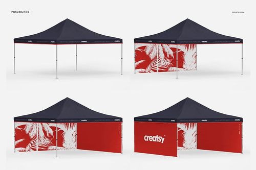 Four views of a pop up tent mockup with dark blue top and red sides, decorated with white tropical leaf patterns.