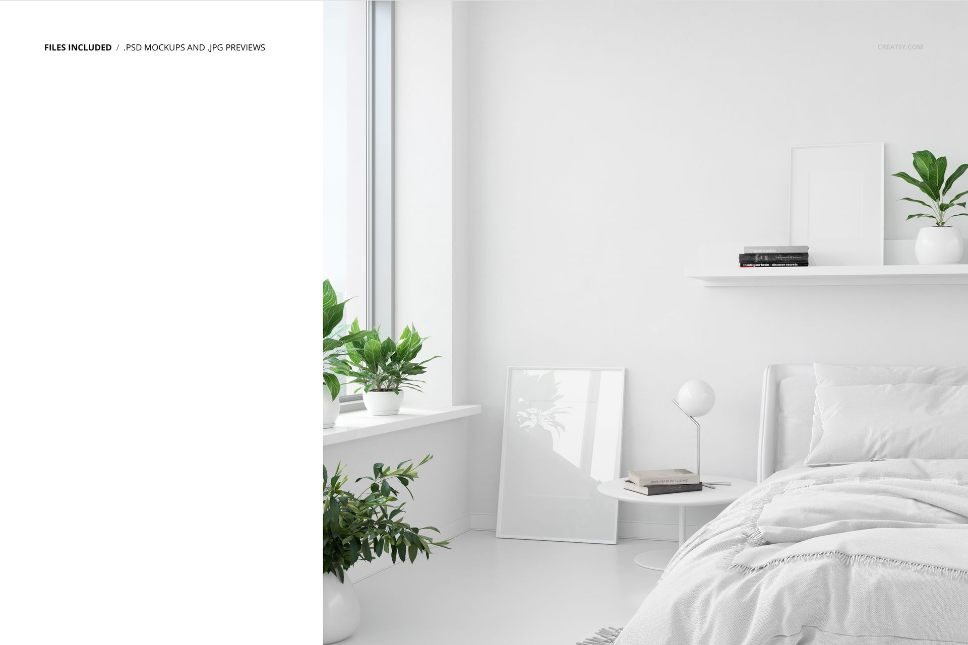 Bedroom wallpaper wall decal PSD mockup featuring a bright interior, bed, plants, and framed artwork on the floor.