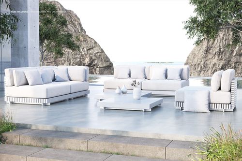 Contemporary garden furniture mockup featuring sofas with pale cushions and pillows, set on a terrace by water.
