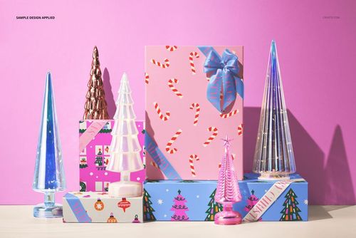 Glass Christmas tree lamps in different sizes and colors arranged with patterned magnetic gift boxes, shown in a PSD mockup scene.