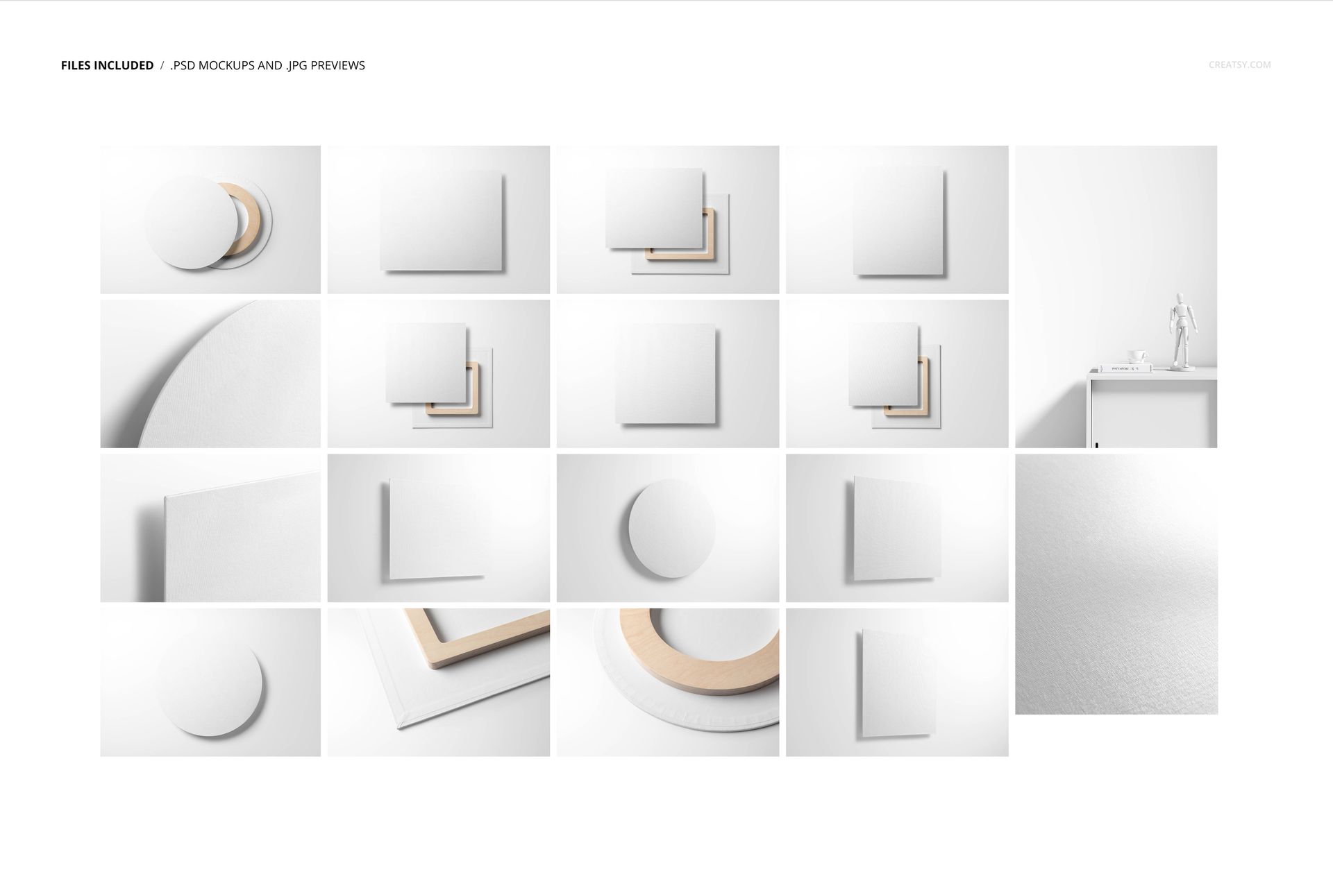 Canvas wall art mockup set featuring square, rectangular, and circular canvases on a white background in various arrangements.