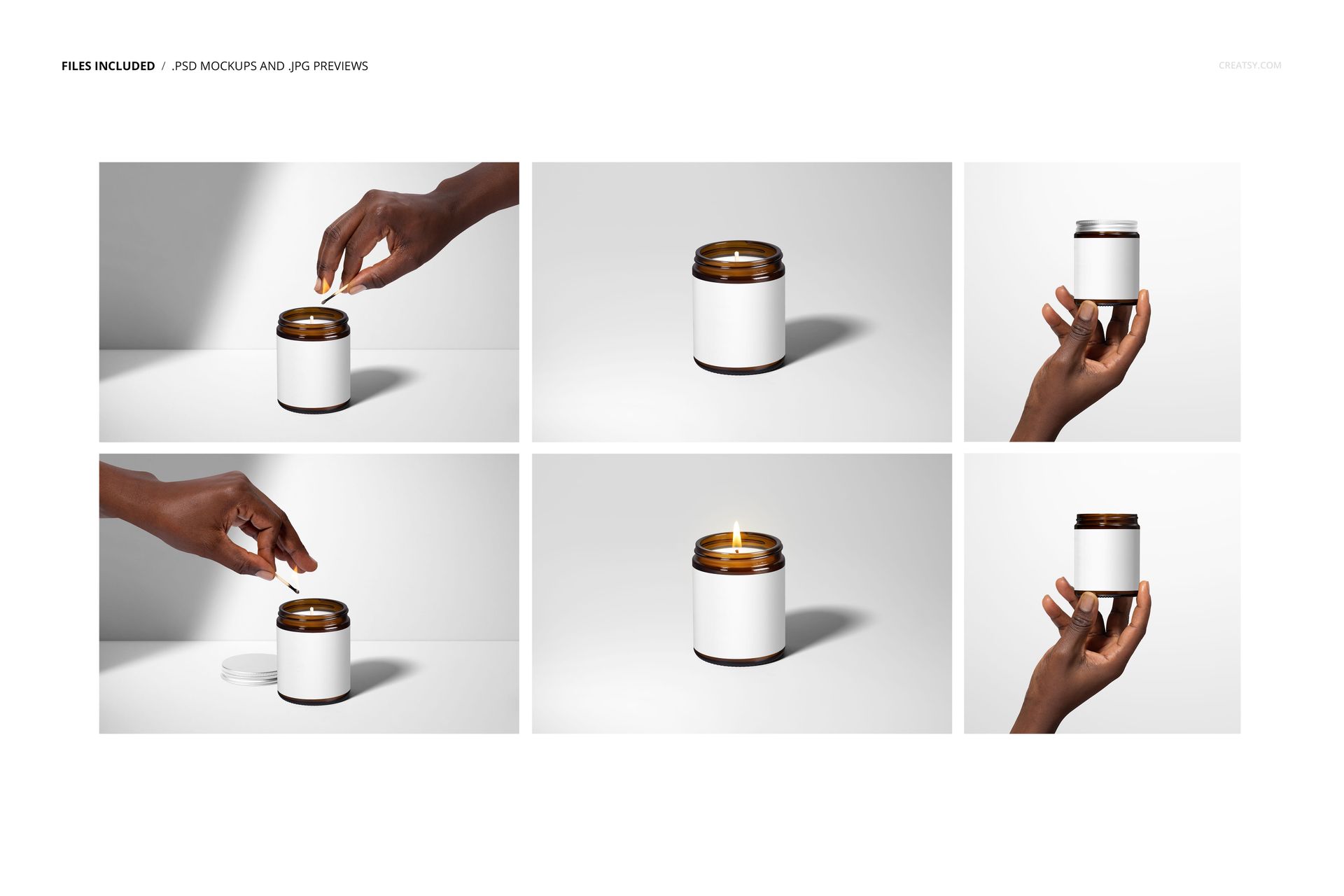 PSD mockup set featuring an amber glass candle jar with white label, cotton wick, and hands interacting with the jar.