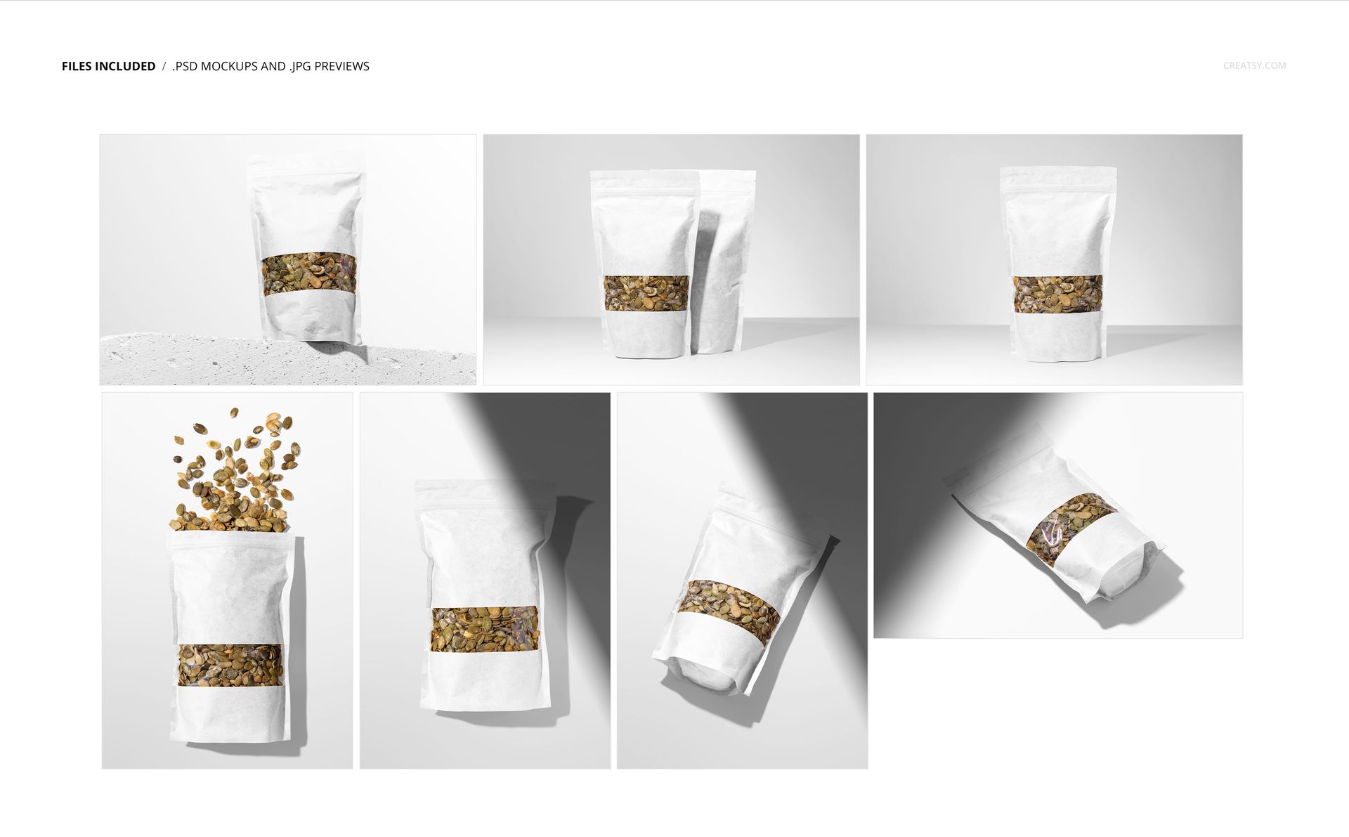 Set of white paper pouches containing pumpkin seeds shown in multiple mockup perspectives and shadow effects.