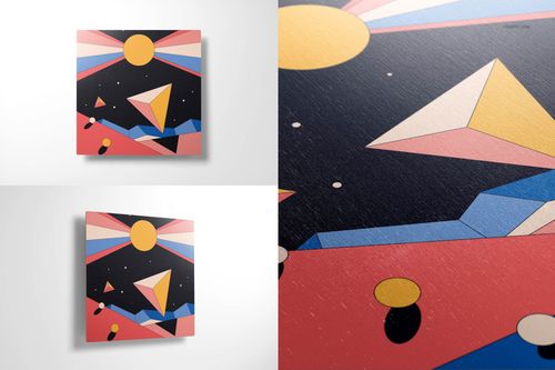 Close-up and full view of square plywood wall art mockup with colorful geometric shapes and a sun motif.