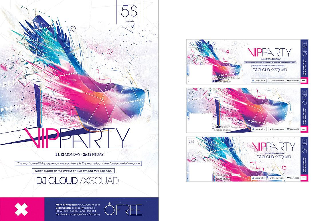 Fashion party poster mockup with abstract colorful graphics, modern text layout, and white background, front view.