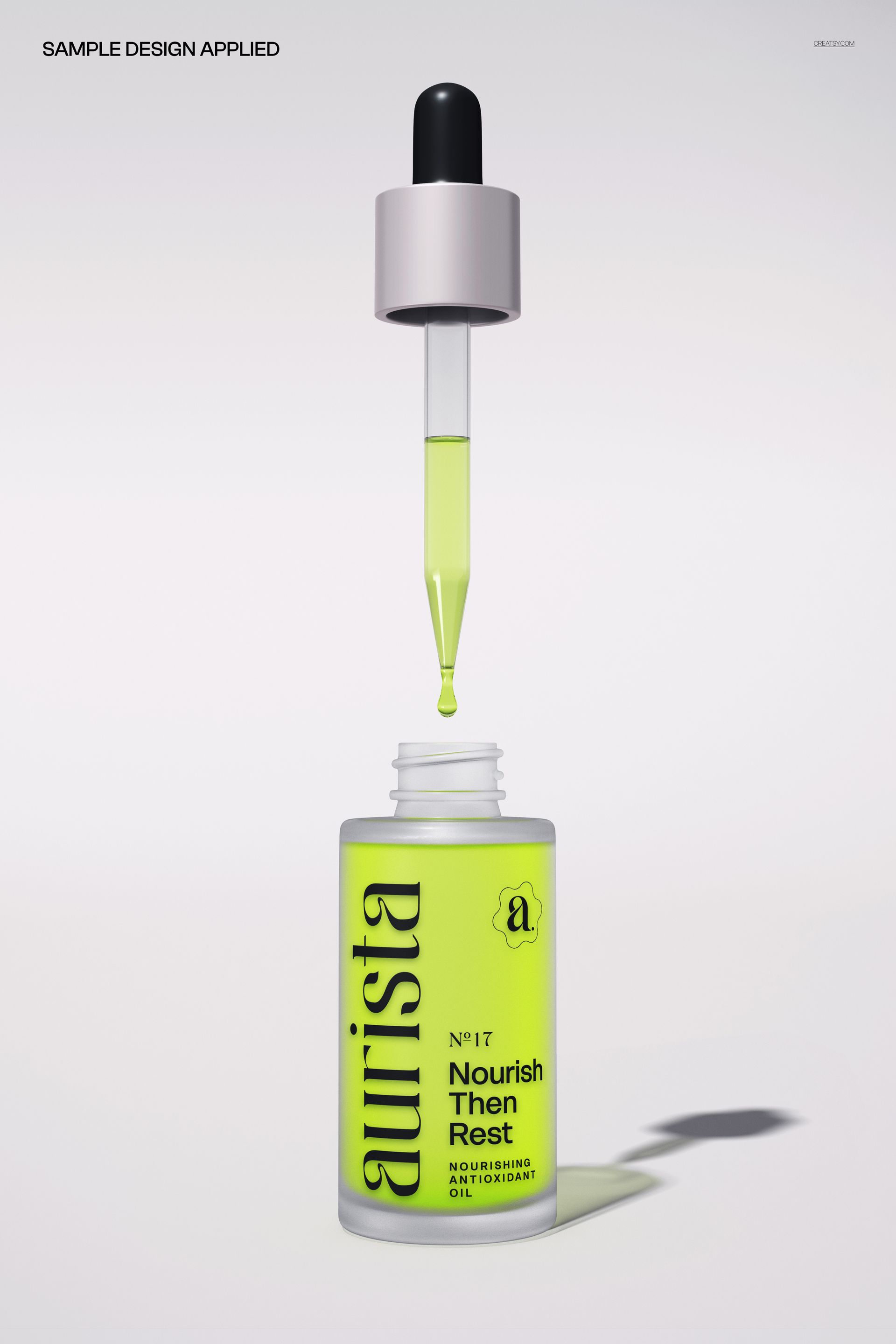 Cosmetic serum bottle mockup featuring a bright yellow label and a dropper with green liquid, shown from the front.