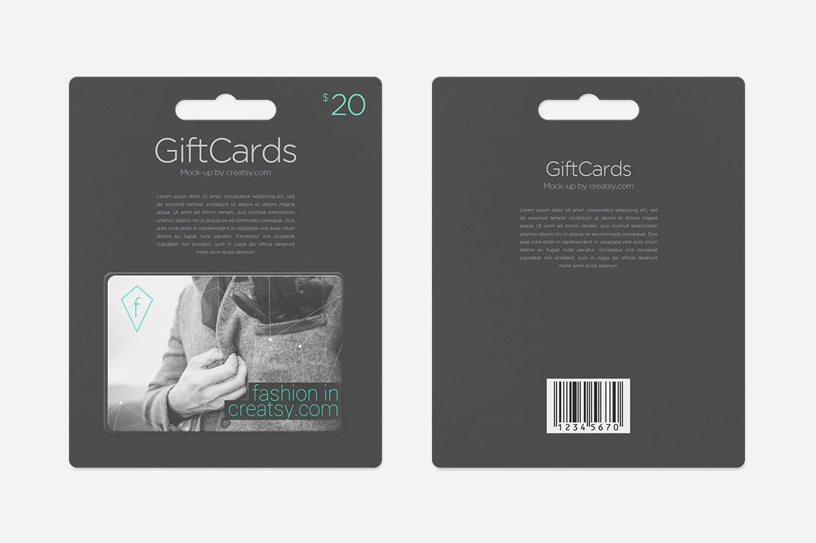 Gift card pack mockup set with one front-facing pack showing a card and one rear view pack with printed details and barcode.