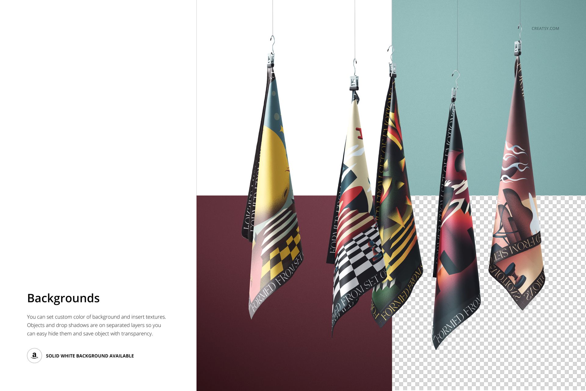 Front view of four hanging silks with abstract patterns in red, yellow, and black, displayed on a PSD mockup.
