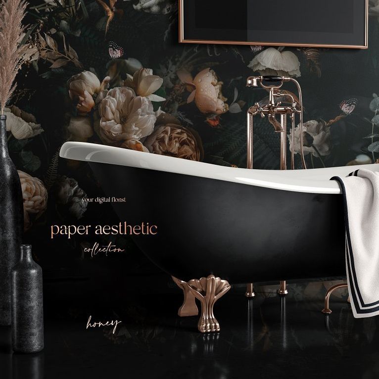 Victorian style bathroom mockup featuring a black clawfoot bathtub with a white towel, floral wallpaper, and decorative vases.