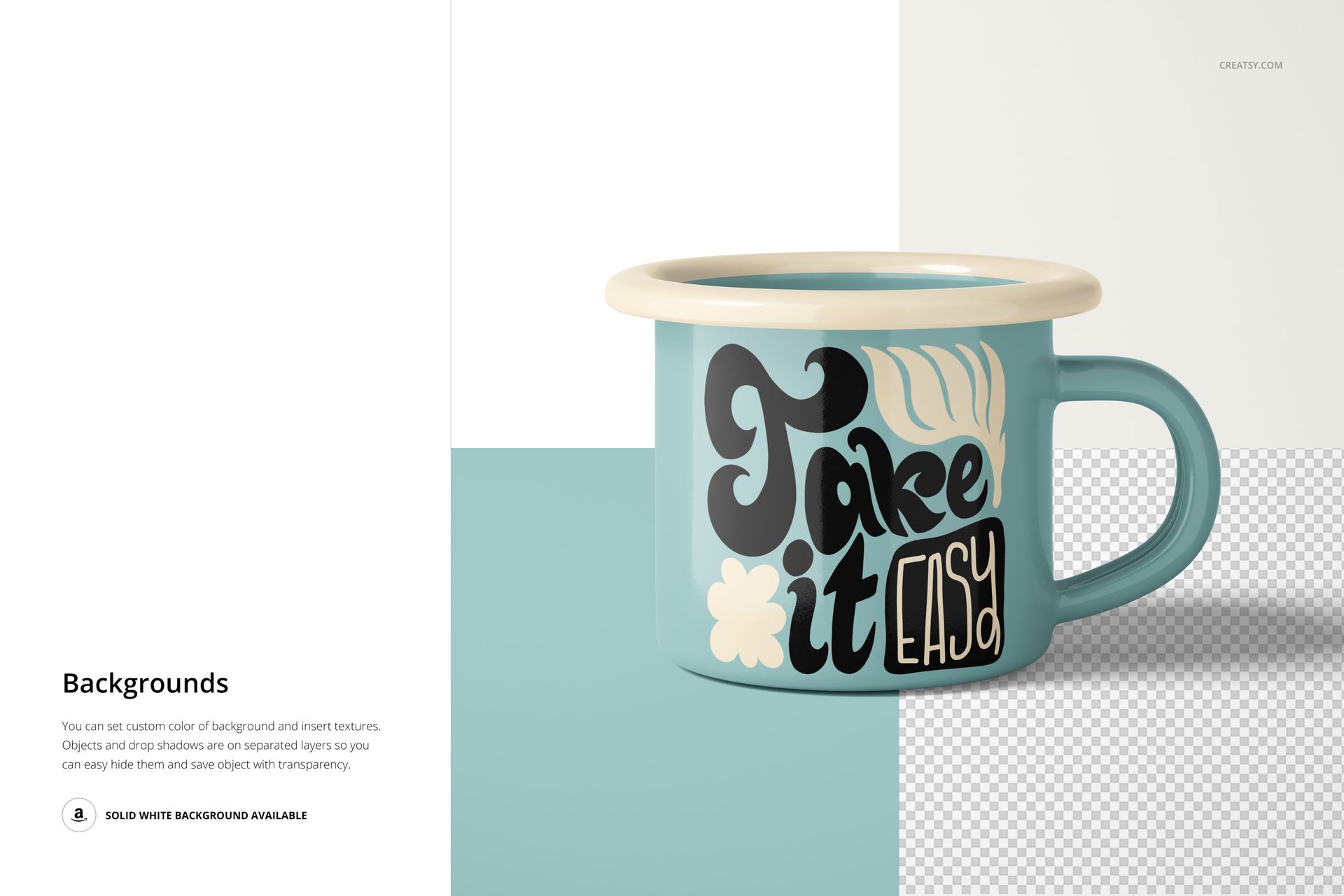 Front view of a 100ml enamel mug mockup with a light blue body, cream rim, and bold black and cream lettering design.