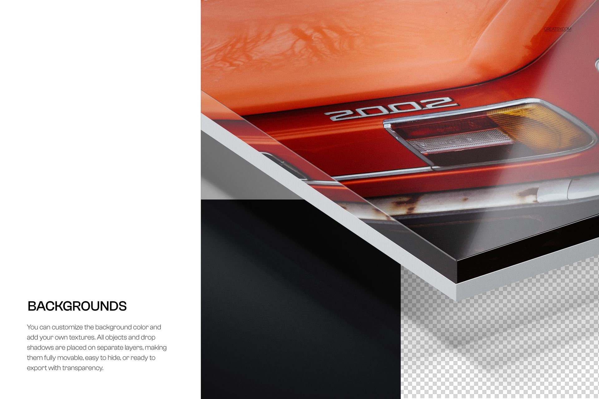 Acrylic photo print mockup showing a close-up of a layered acrylic panel with a vintage car image and transparent edges.