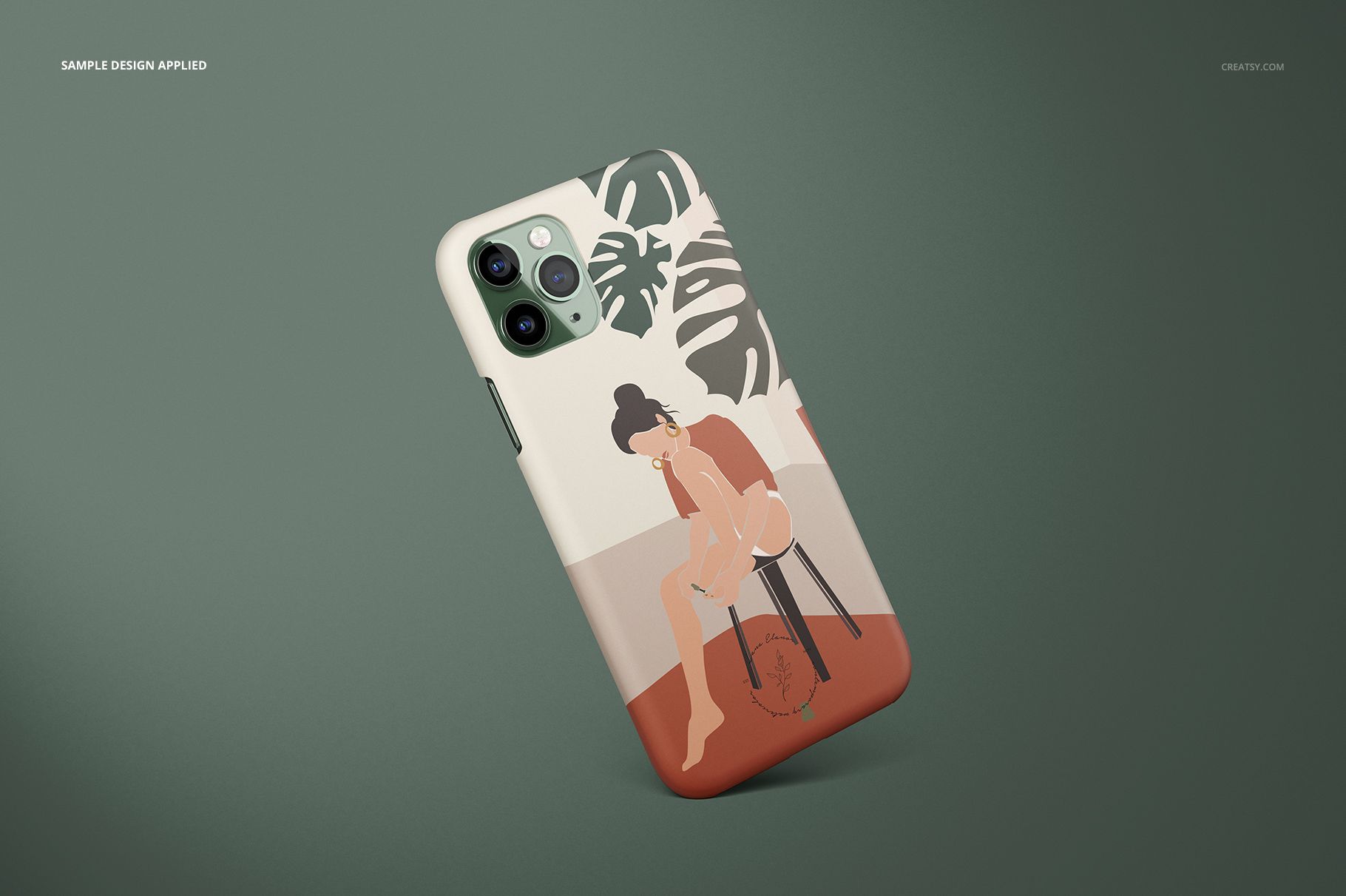 iPhone 11 Pro matte snap case mockup with minimalist illustration of a person and botanical leaf, set against green background.