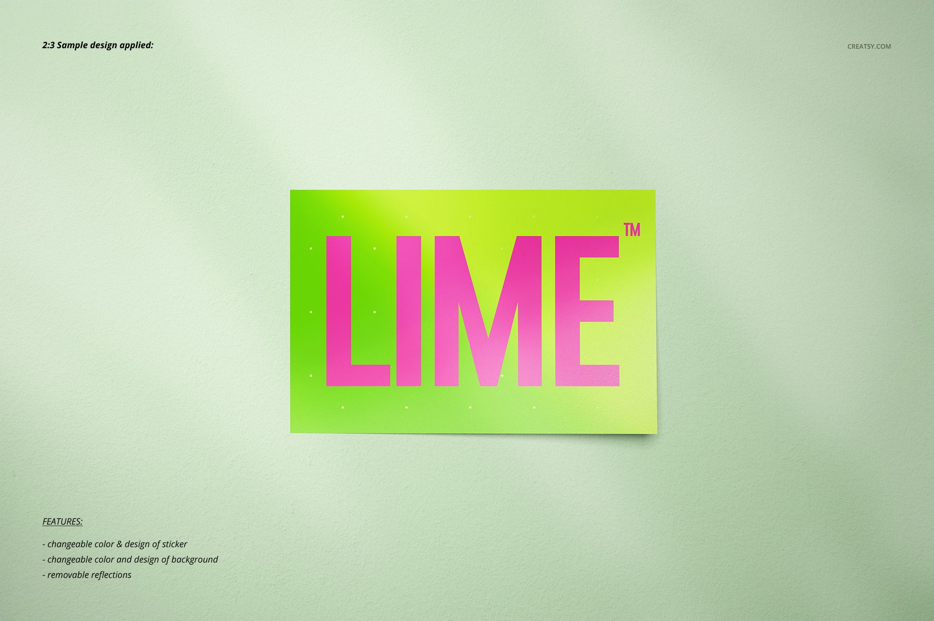 Sticker mockup featuring a rectangular design with large pink letters on a lime green background, front view.