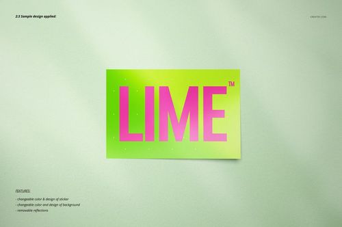 Sticker mockup featuring a rectangular design with large pink letters on a lime green background, front view.