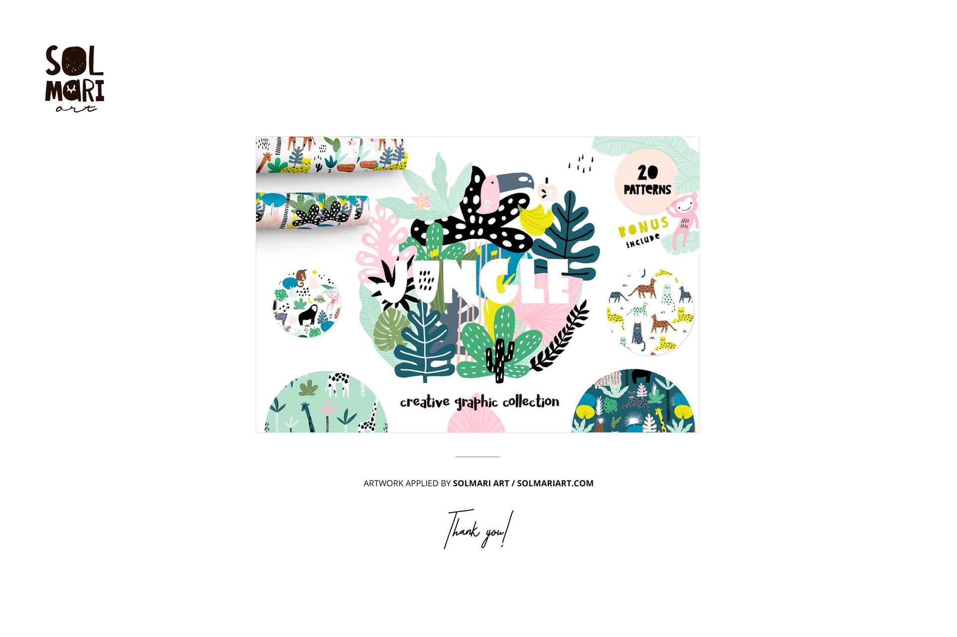 Colorful cotton fabrics mockup featuring playful jungle-themed patterns with leaves and animals, front view.
