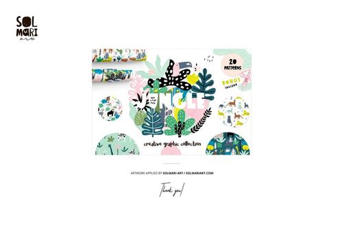Colorful cotton fabrics mockup featuring playful jungle-themed patterns with leaves and animals, front view.