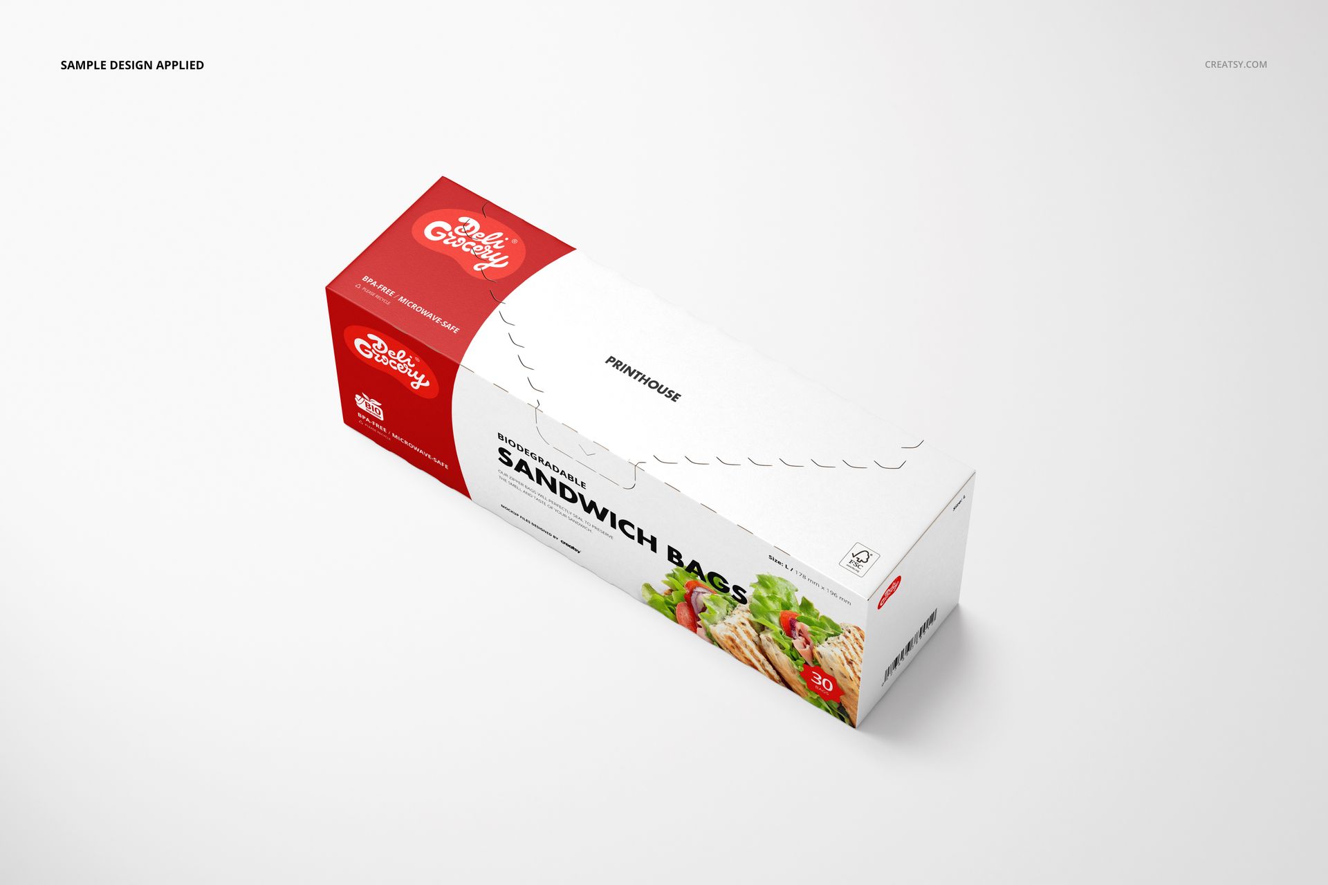 Sandwich zipper bags packaging box mockup featuring a printed design, displayed at an angled front-side view.