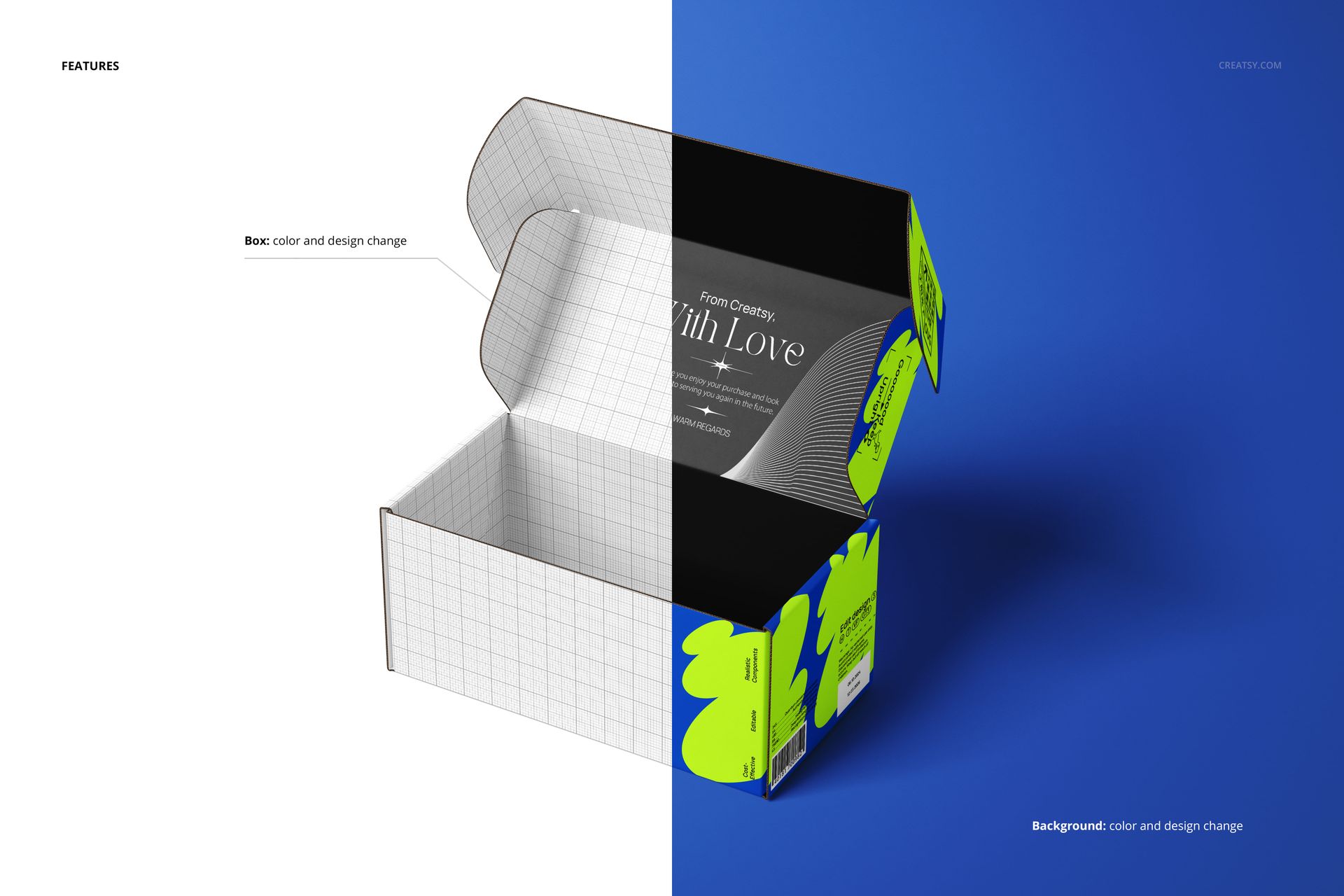 Front tuck mailer box mockup shown open, with left side in white grid pattern and right side in blue with neon green accents.