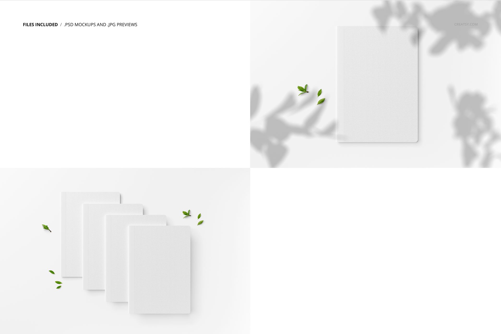 PSD mockup displaying four closed notebooks in a neat row on a white surface, with natural leaf props and soft shadows.