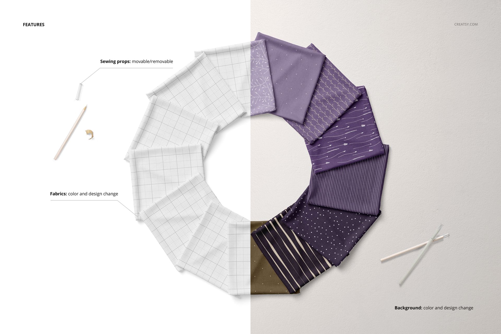 Folded fabrics mockup showing different patterns and colors, organized in a circle with removable sewing tools on the side.