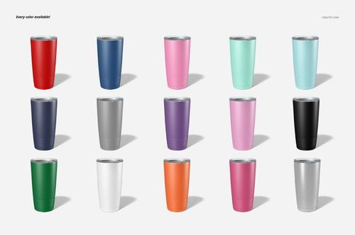 Front view of fifteen 20oz stainless steel tumblers in various solid colors arranged in a grid on a light background.
