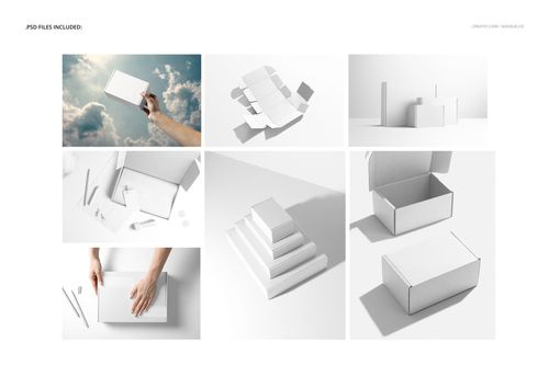 Multiple perspectives of plain white packaging boxes, including open, closed, stacked, and unfolded views in a mockup set.