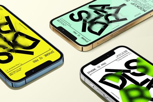 Three iPhone 12 Pro devices displayed from an angled top view, each showing a colorful PSD mockup design on the screen.