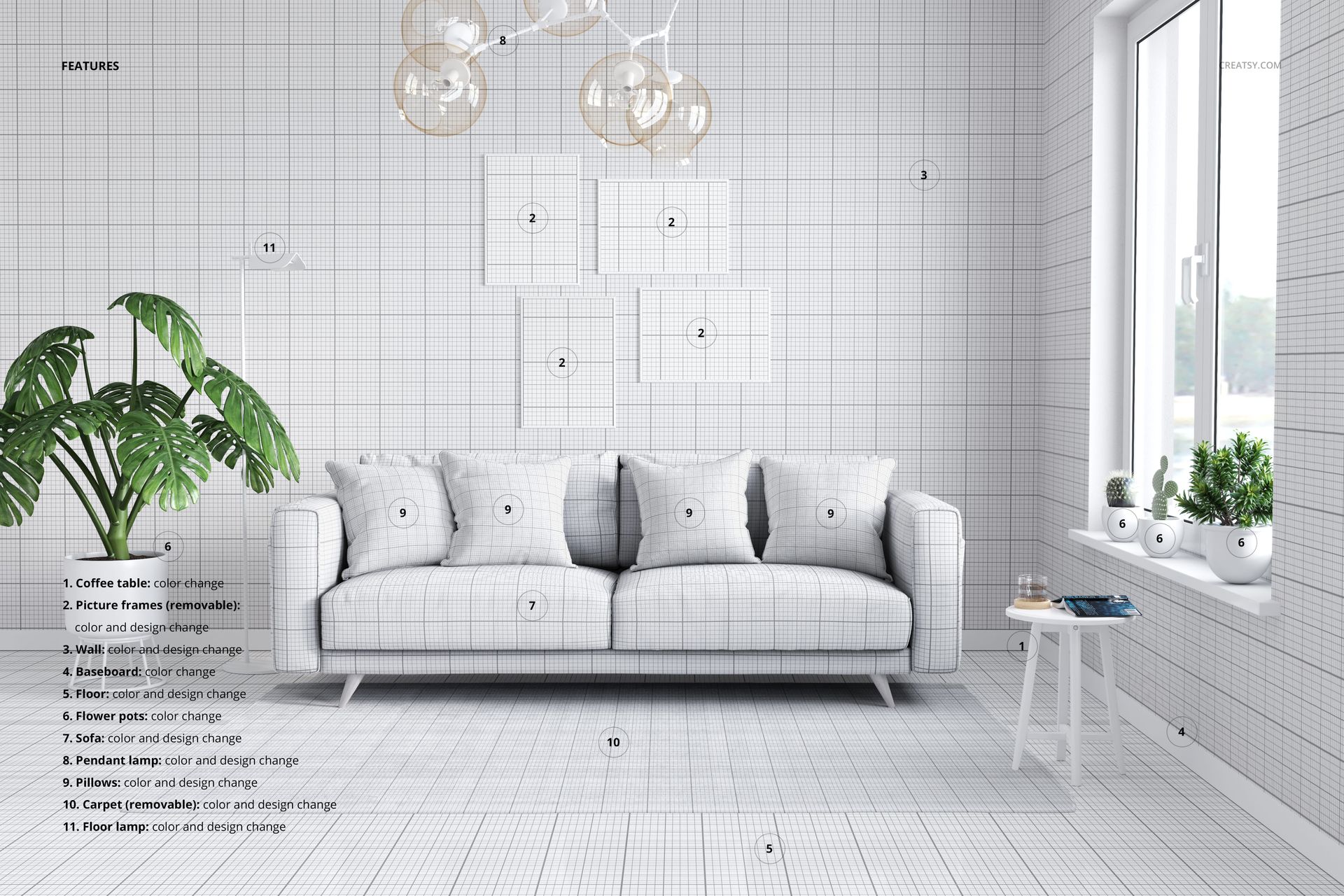 PSD mockup of a living room scene with a square cushion sofa, grid texture, and decorative greenery by the window.