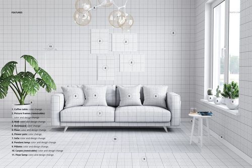 PSD mockup of a living room scene with a square cushion sofa, grid texture, and decorative greenery by the window.