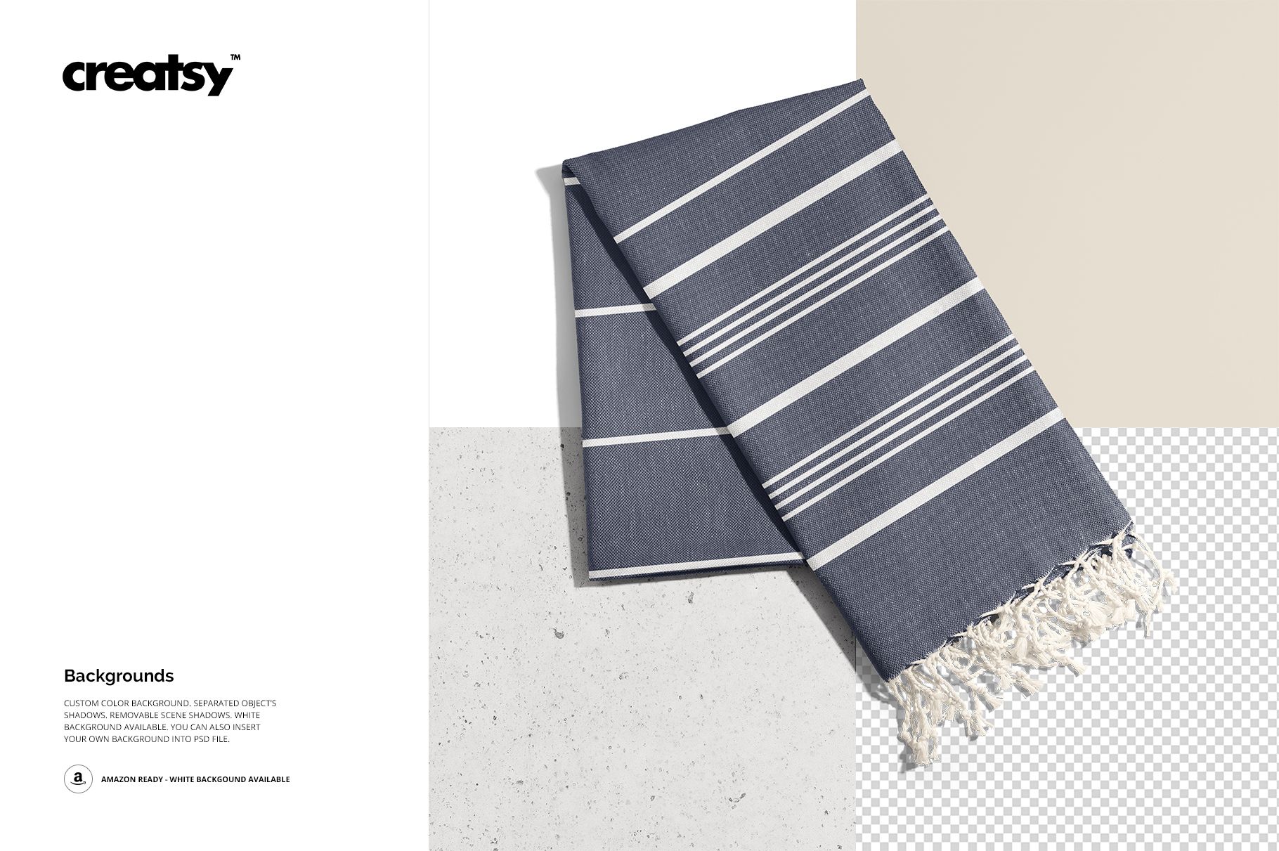 Top view of a Turkish tassel towel mockup featuring horizontal white stripes and decorative white tassels.