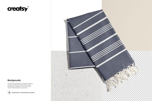 Top view of a Turkish tassel towel mockup featuring horizontal white stripes and decorative white tassels.