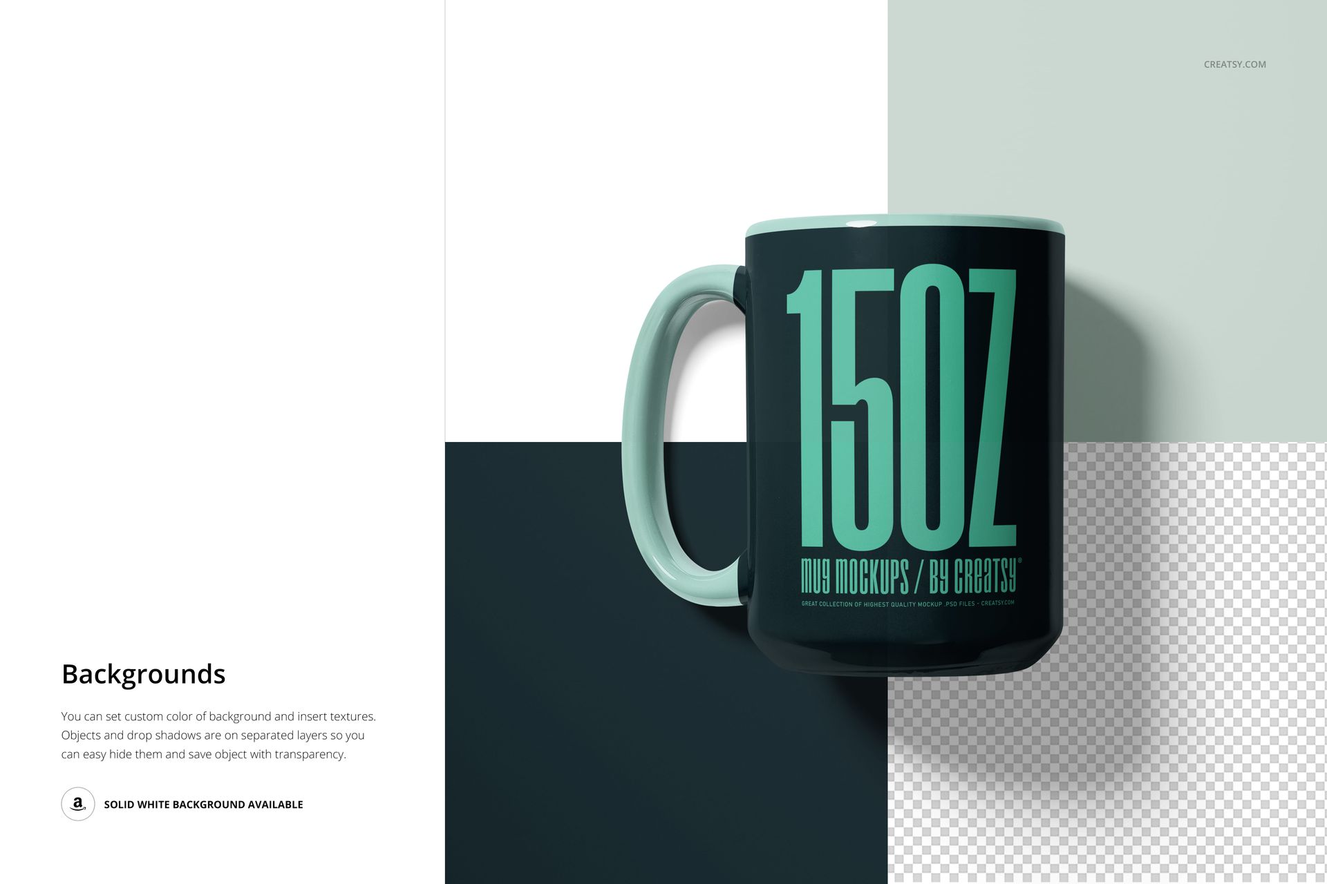 Mockup of a 15oz mug in dark teal with bold text, displayed on a split-color background and transparent section.