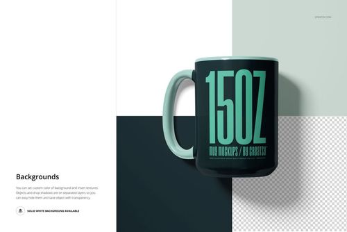Mockup of a 15oz mug in dark teal with bold text, displayed on a split-color background and transparent section.