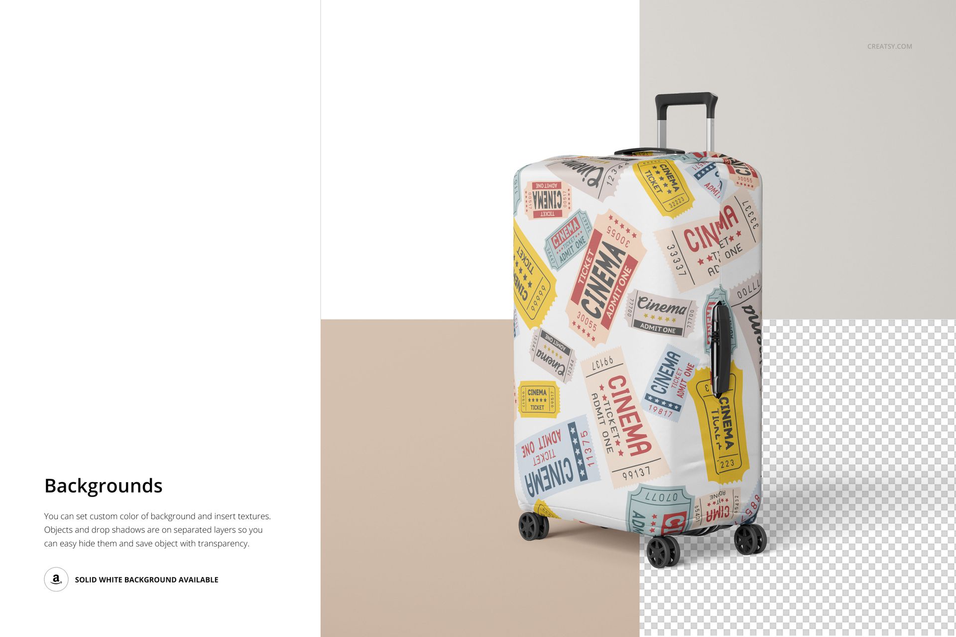 Suitcase mockup with a printed cover displaying various ticket and label designs, set against a split beige and transparent background.