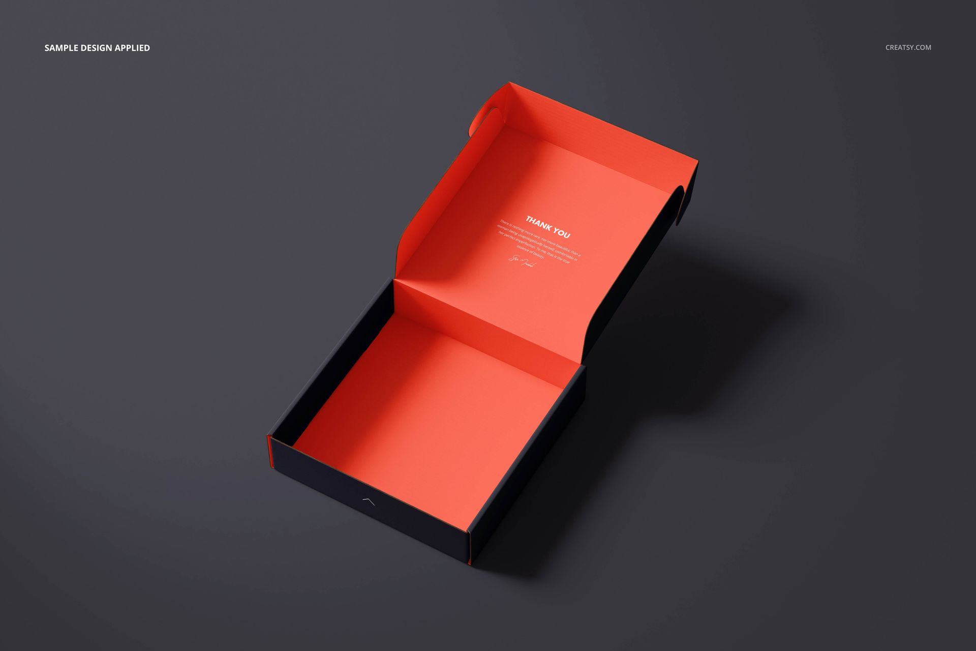 Top view of rectangular mailing box mockup with orange inner panels and dark sides, displayed against a gray background.