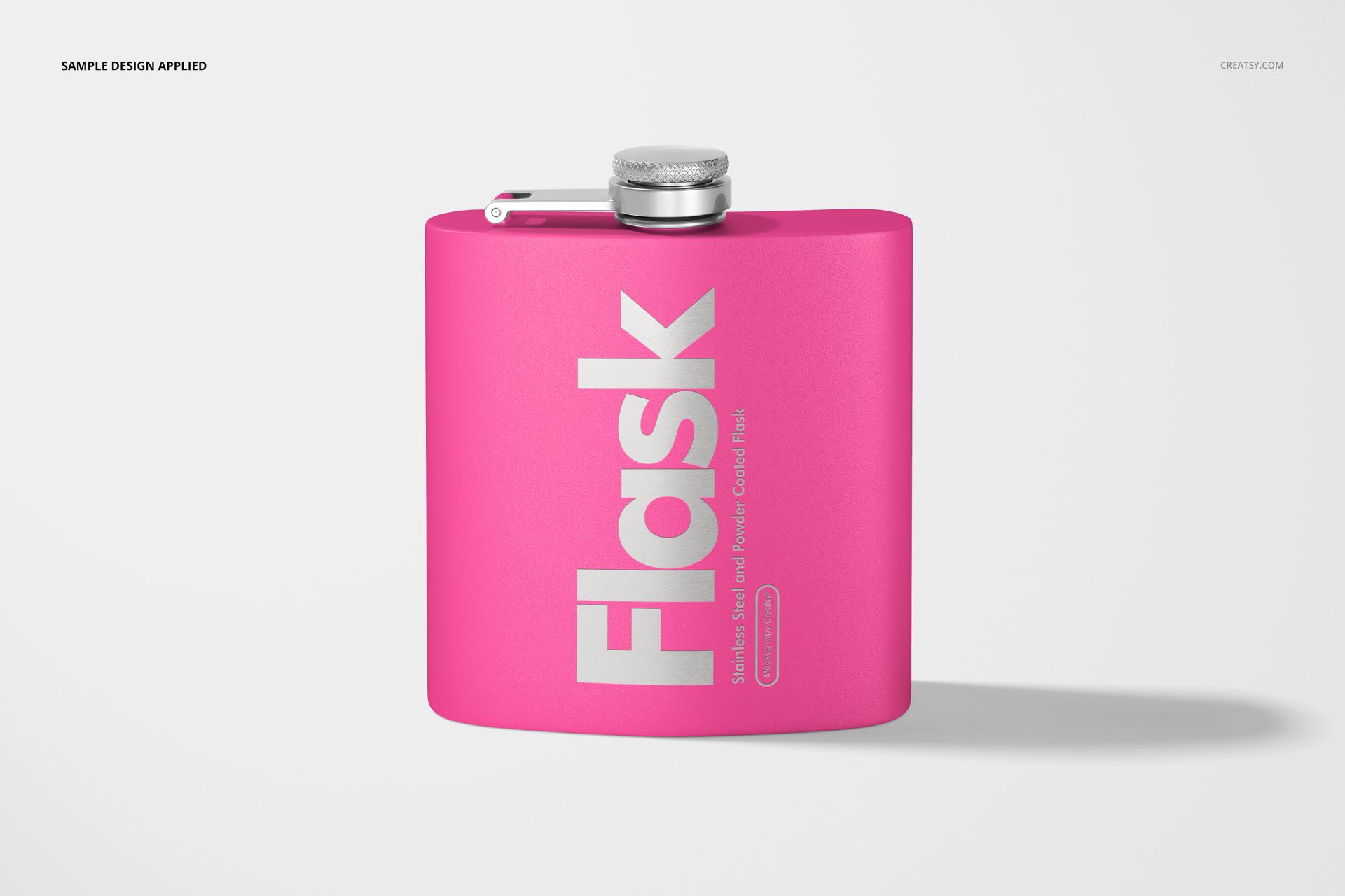 Single stainless steel flask mockup in bright pink, shown from the front with silver lettering and a screw-top lid.