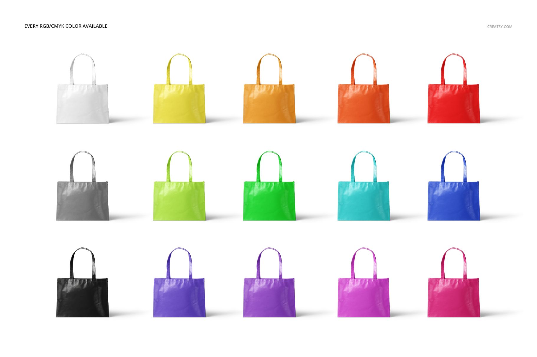PSD mockup featuring multiple non-woven tote bags in different bright colors, neatly lined up against a white backdrop.