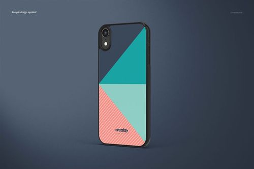 Black iPhone XR case mockup with bold geometric design in teal, blue, and pink, shown at a three-quarter angle.
