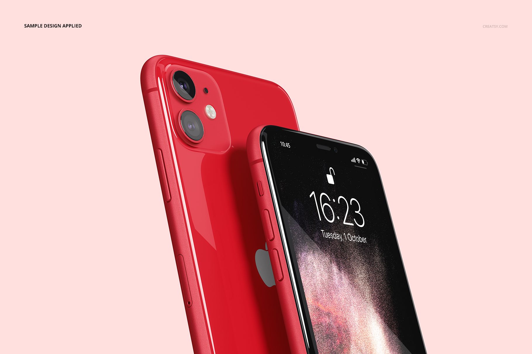 Front and rear perspectives of red iPhone 11 phones featured in a PSD mockup, set against a pastel pink background.