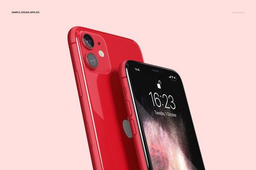 Front and rear perspectives of red iPhone 11 phones featured in a PSD mockup, set against a pastel pink background.