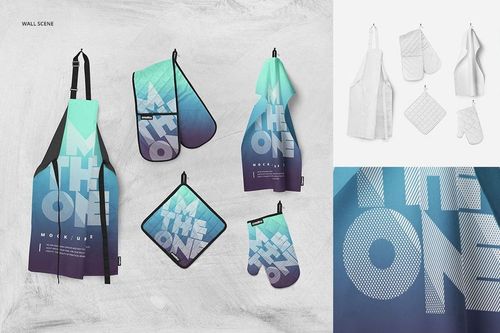 PSD mockup of kitchen textiles featuring apron, mitt, pot holder, and towel in blue and teal gradient, flat lay scene.