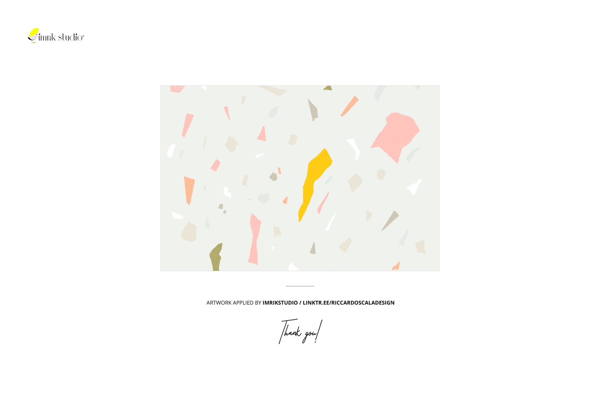 Minimalist abstract mockup with irregular pastel shapes and speckles in soft tones, displayed on a light canvas.