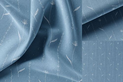 Blue fabric sample with subtle white floral and leaf pattern, shown in close-up and folded views for textile mockup.